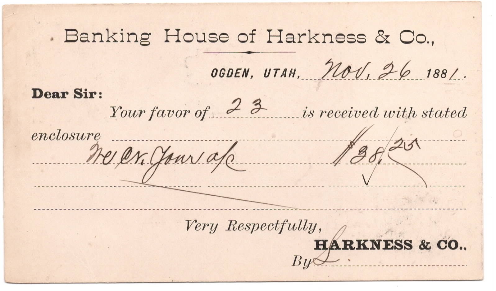 1881 Gov’t Postcard Banking House of Harkness & Company Ogden Utah