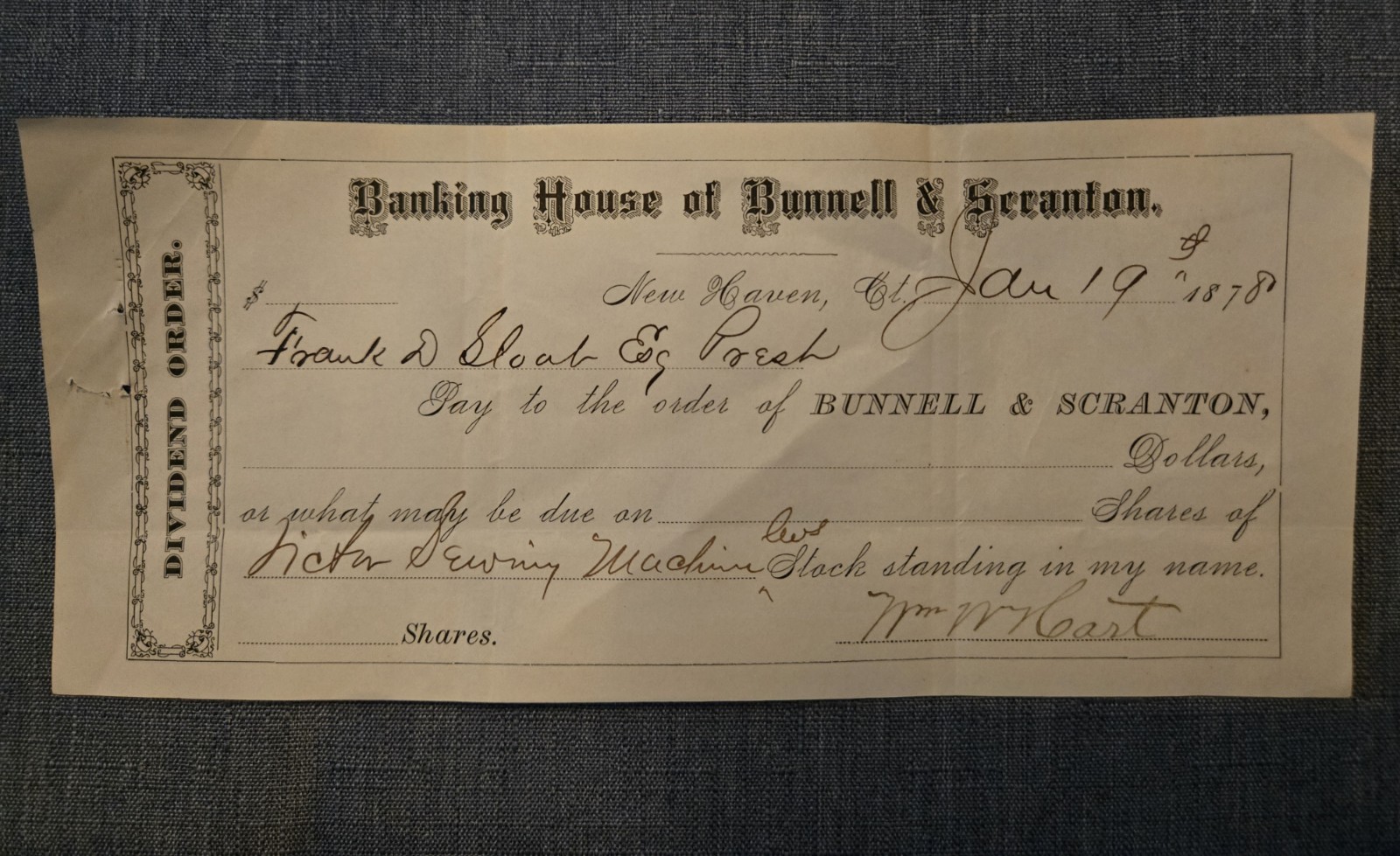 1878 DIVIDEND ORDER from Banking House of Bunnell & Scranton / New Haven CT