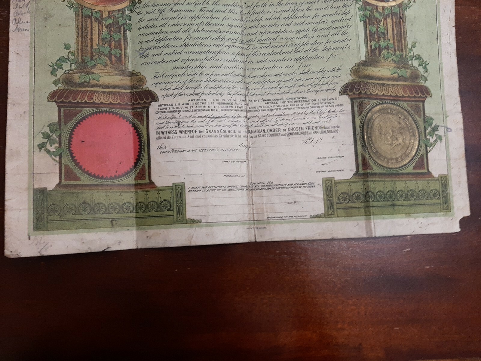 Canada 1910s Insurance Certificate.Canadian Order Of Chosen Friends