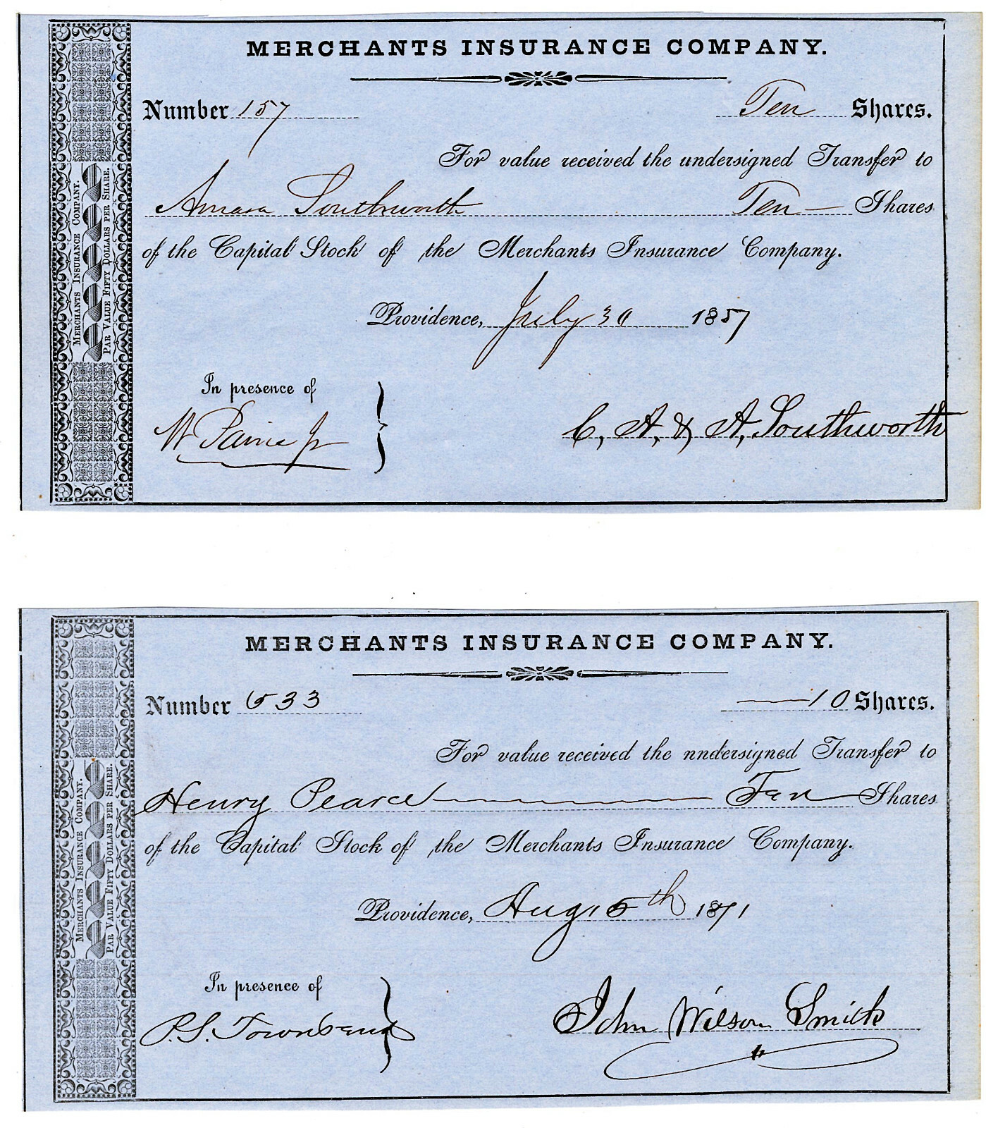 RHODE ISLAND Merchants Insurance Co. LOT OF SIX (6) Certificates 1850’s – 1870’s