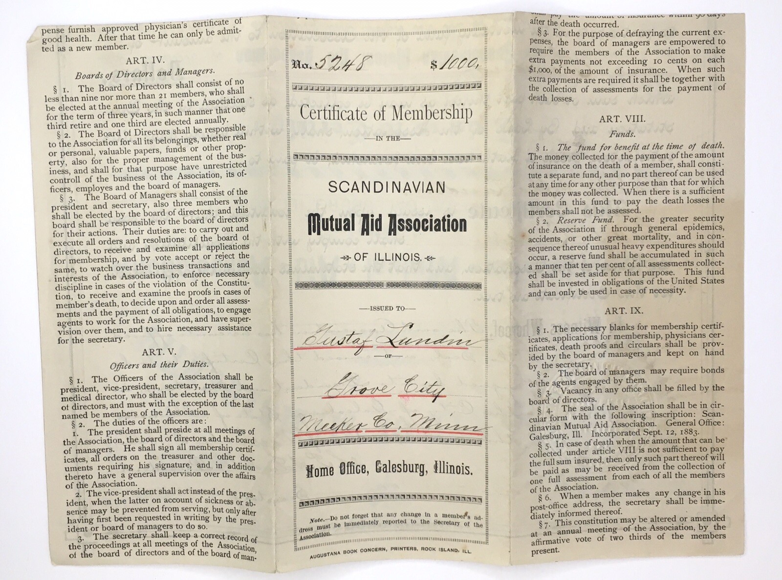 c.1888 Scandinavian Mutual Aid Association of Illinois Certificate of Membership