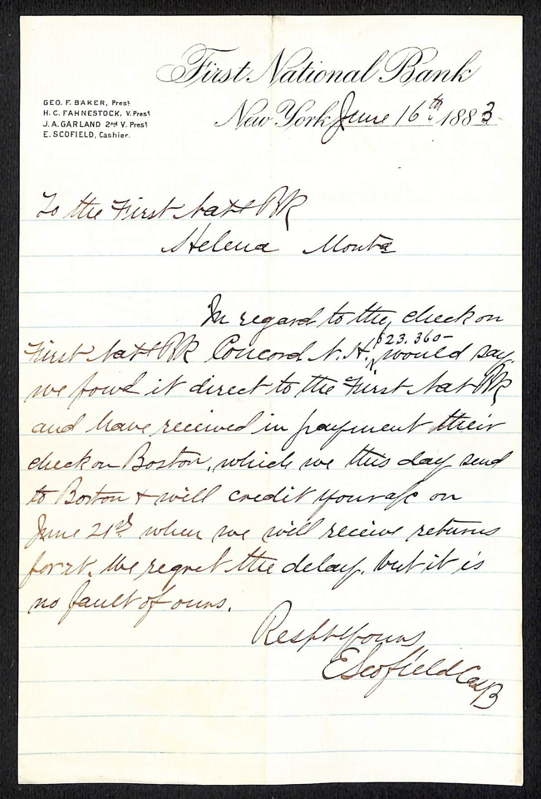 First National Bank New York 1883 ALS Letterhead to FNB Helena, MT