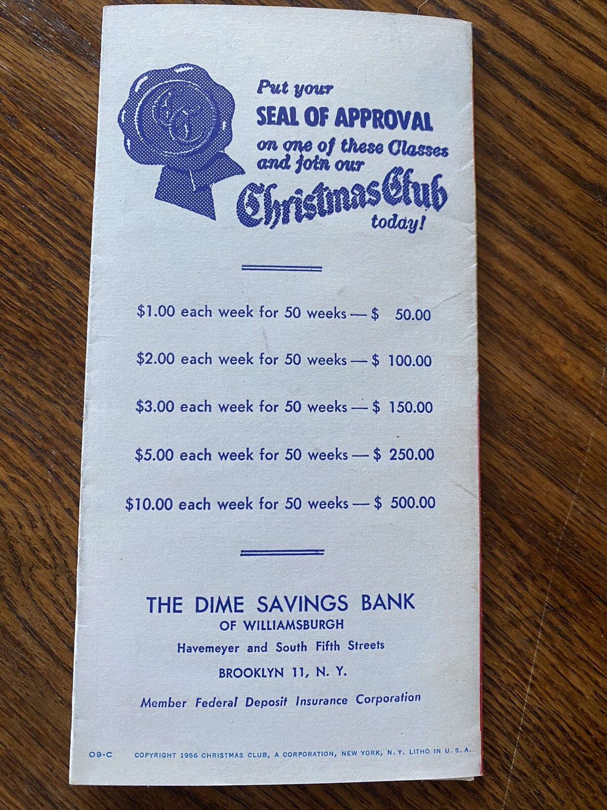 Seal Your Dreams- Christmas Club Info- Dime Savings Bank Of Williamsburg 1956