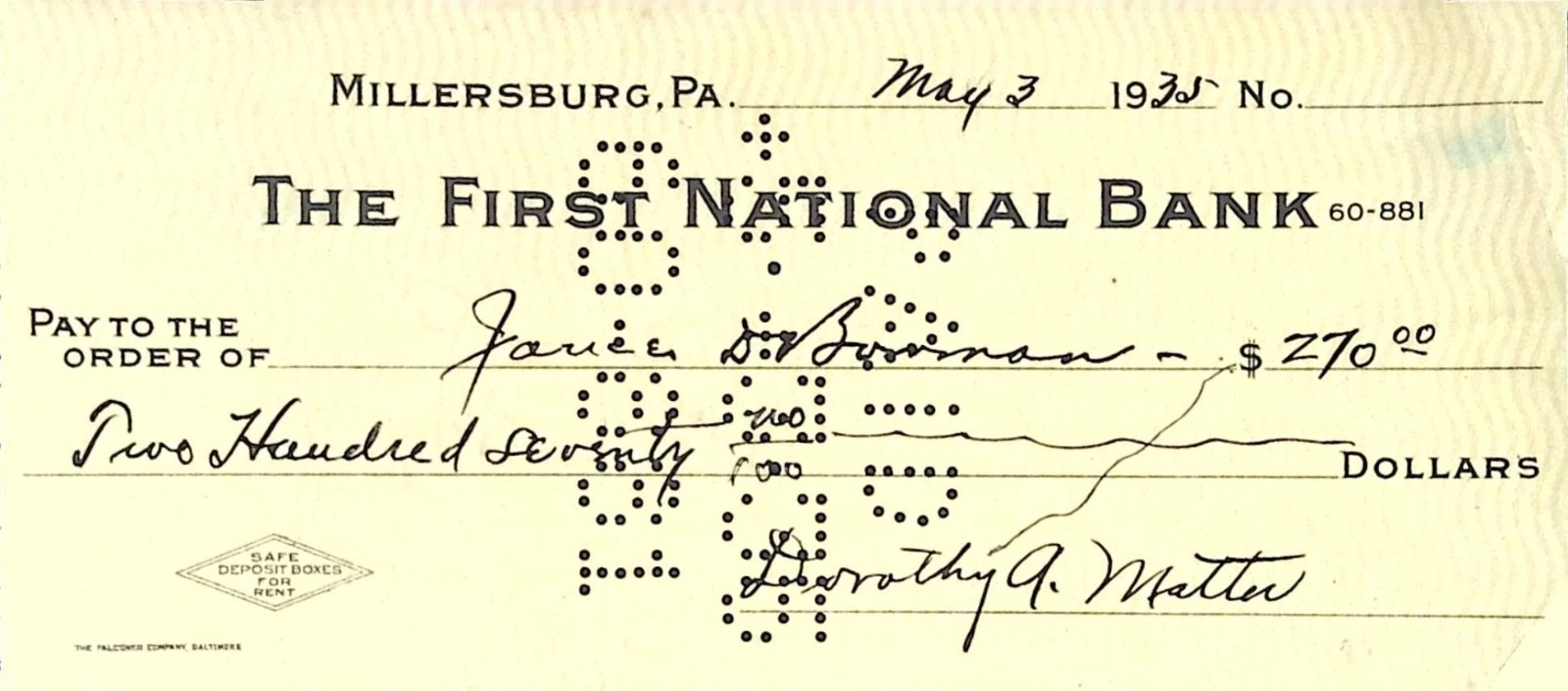 Vintage 1933 First National Bank Millersburg PA Vintage Cancelled Check $270