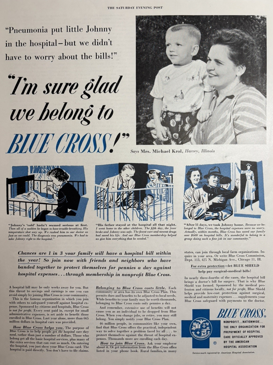 1954 Blue Cross Insurance Co Non Profit Nationwide Hospital Bills VTG Print Ad