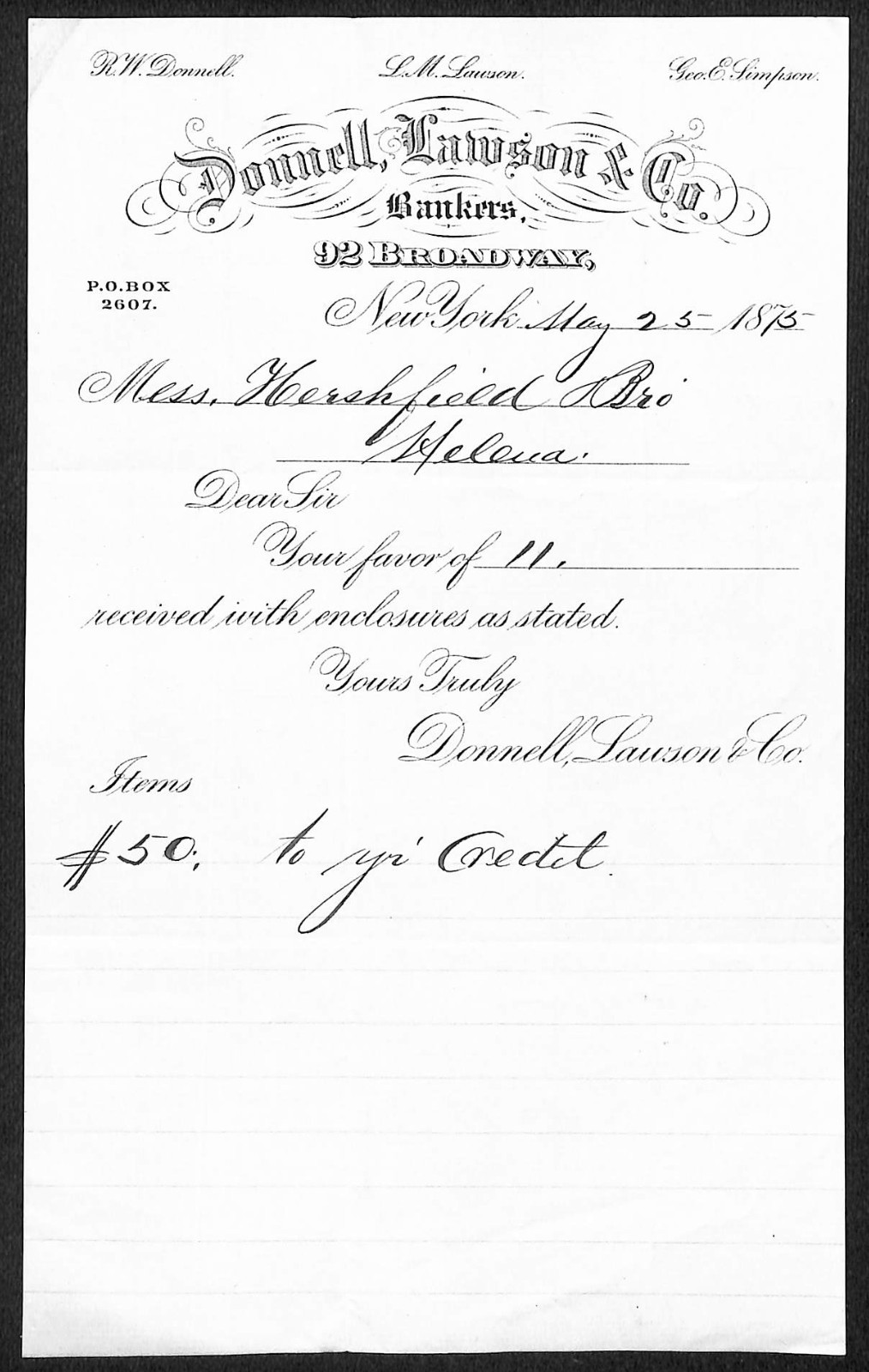 Donnell, Lawson & Co NYC Bankers L.H. Hershfield* 1875 Payment Memo Receipt (10)