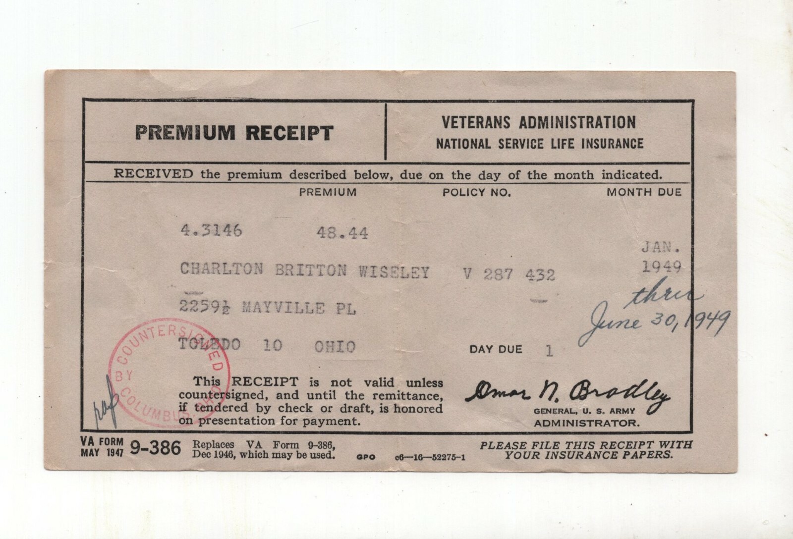 Veterans Administration – National Service Life Insurance – Premium Receipt 1949