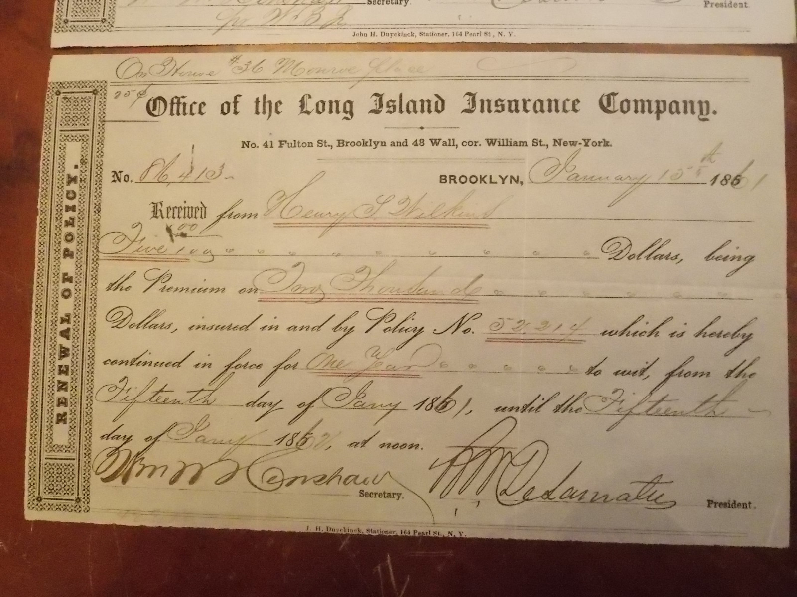 2 1860 1861 Brooklyn Long Island Insurance Company Policy Reciepts WILKINS