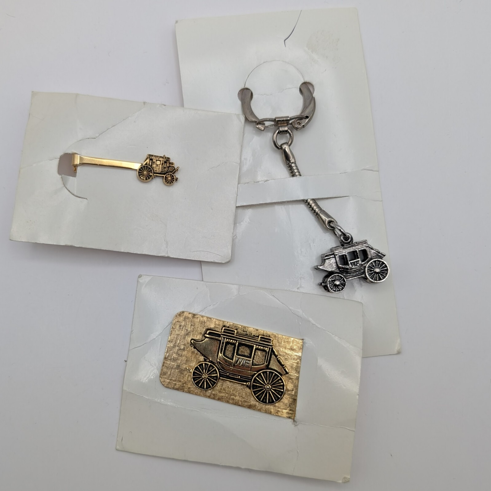 Vintage Wells Fargo Stagecoach Money Clip Keychain Fob Ring Tie Clip Set 3 Items