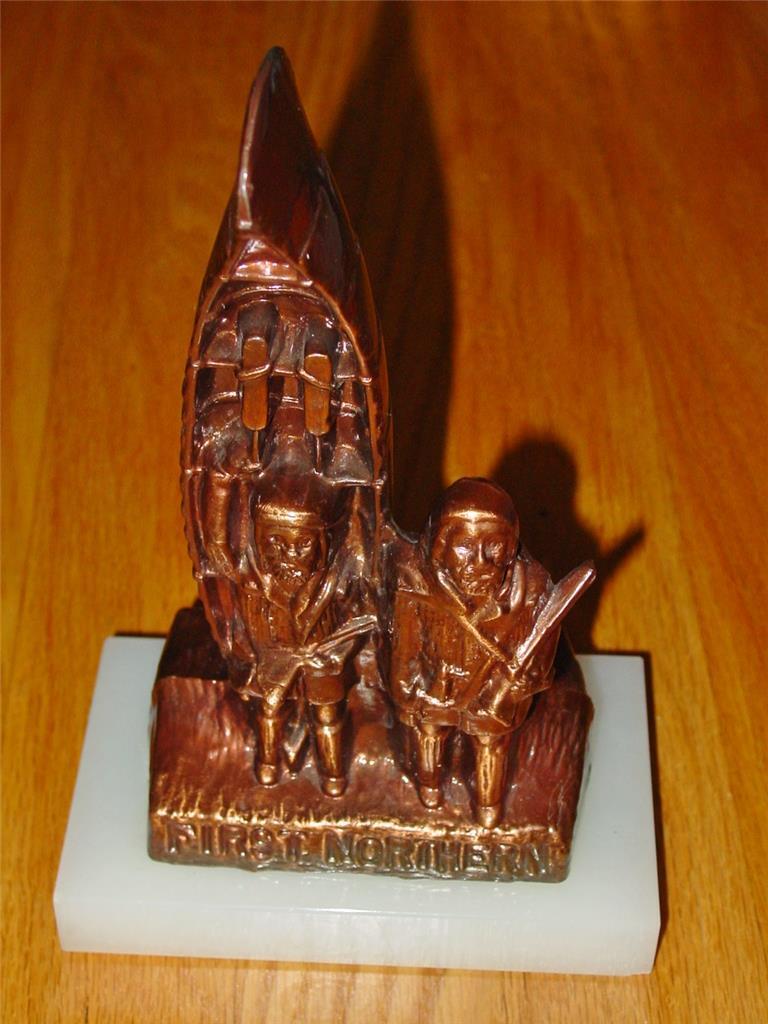 Vintage First Northern Savings & Loan Brass & Marble Statue w/ Trappers w/ Canoe