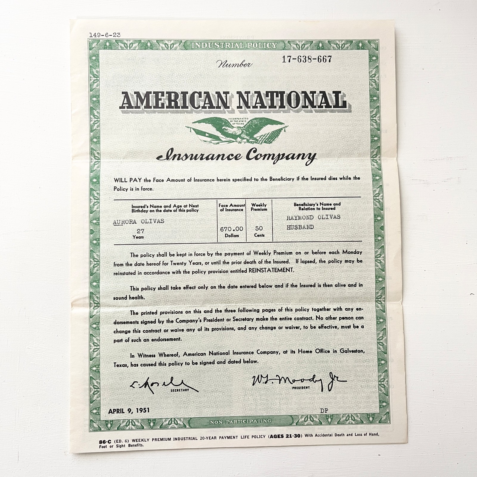 American National Insurance Company Galveston Texas Industrial Policy Ephemera