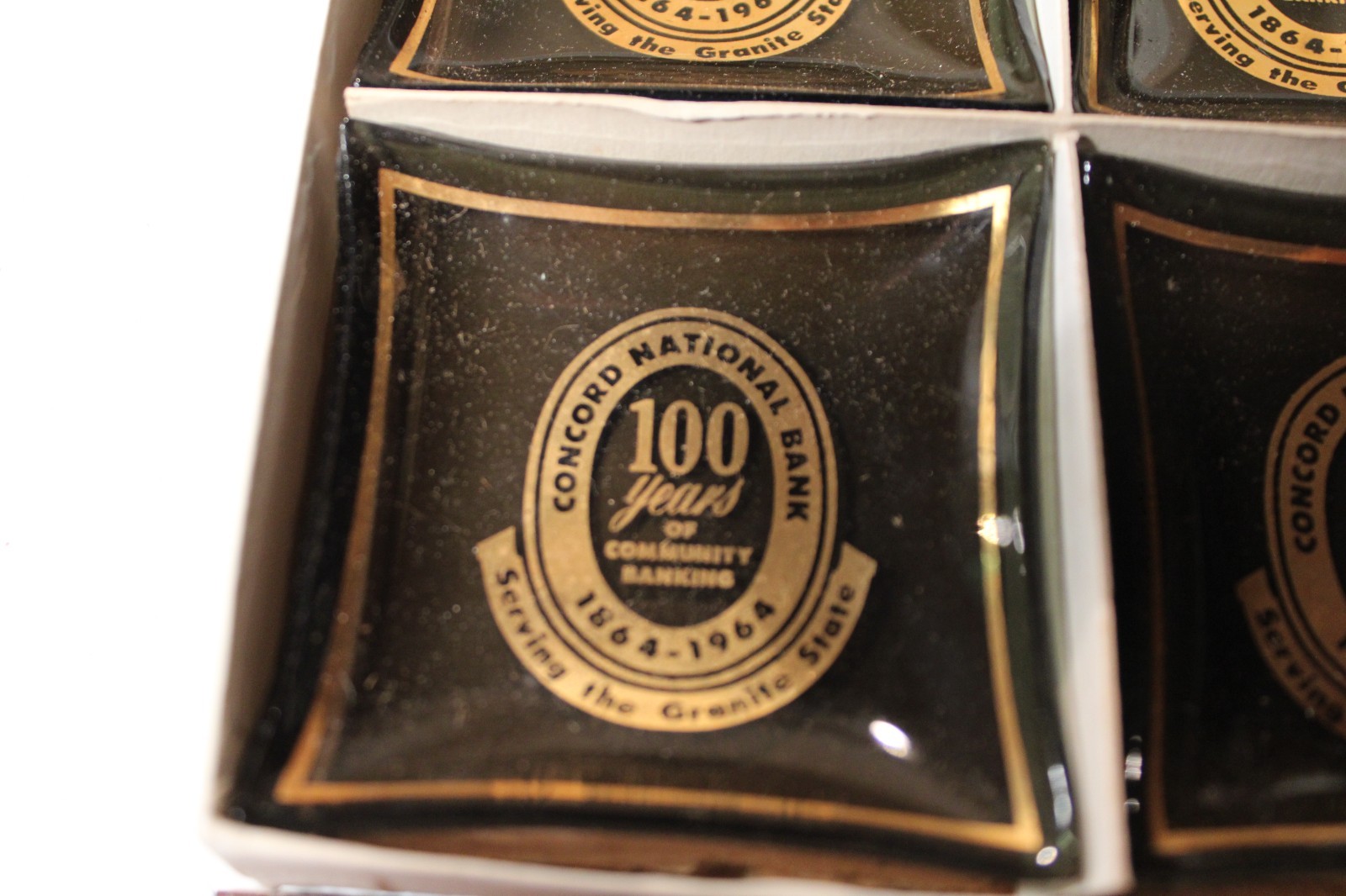 Vintage 1964 Commemorative Concord National Bank NH Glass Square Trinket Dishes