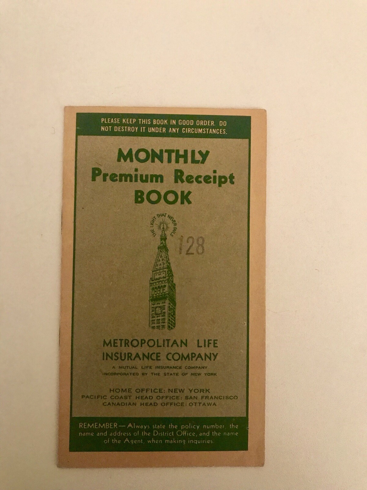 VTG Rare ORG 1945 METROPOLITAN LIFE INSURANCE COMPANY SF CALIF ACCOUNT