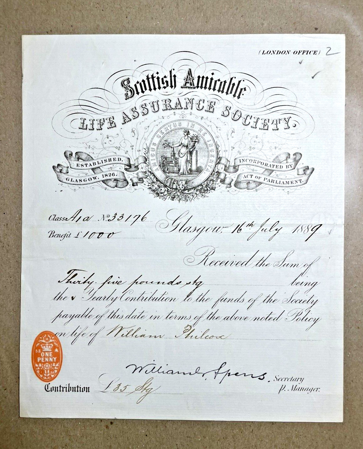 Insurance policy Receipt from Scottish Amiable Life Assurance Society London