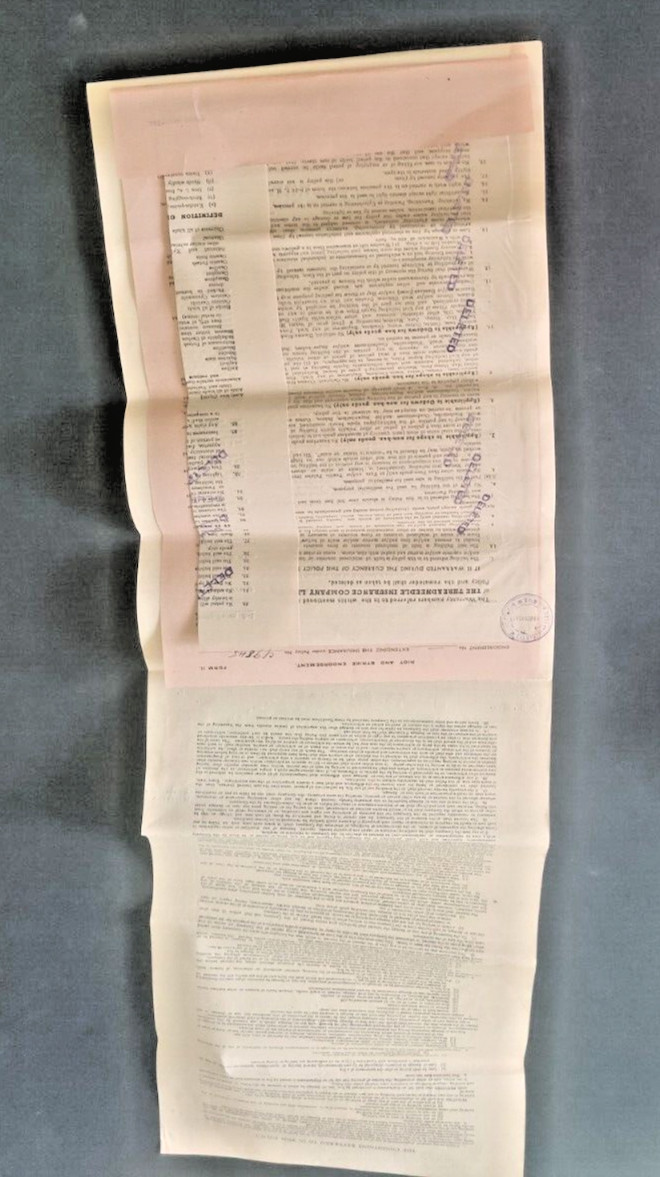 1963 THREADNEEDLE INSURANCE CO fire Policy document with cover vignette stamp
