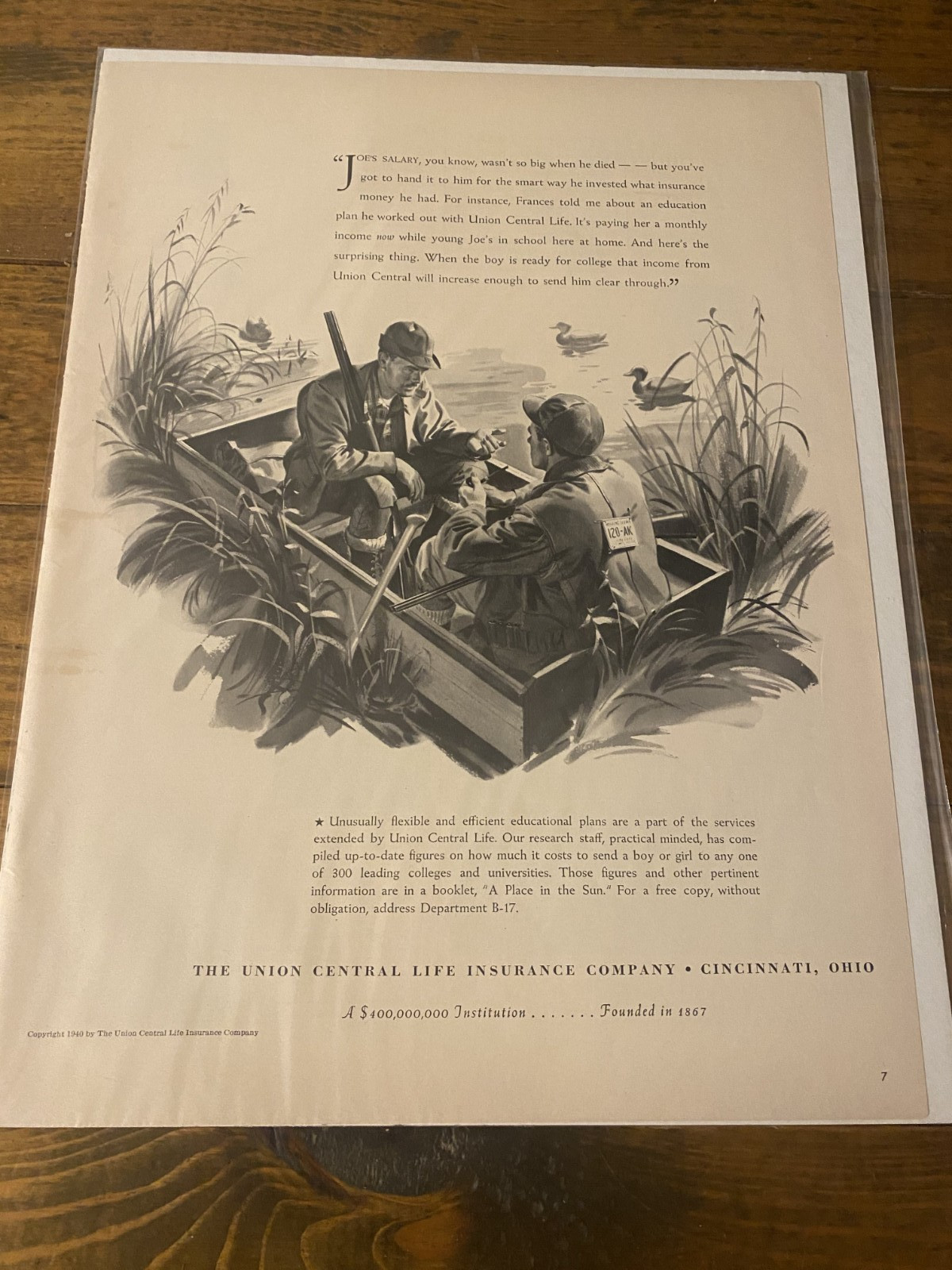 Vintage 1940 Union Central Life Insurance Company Duck Hunting Theme ad