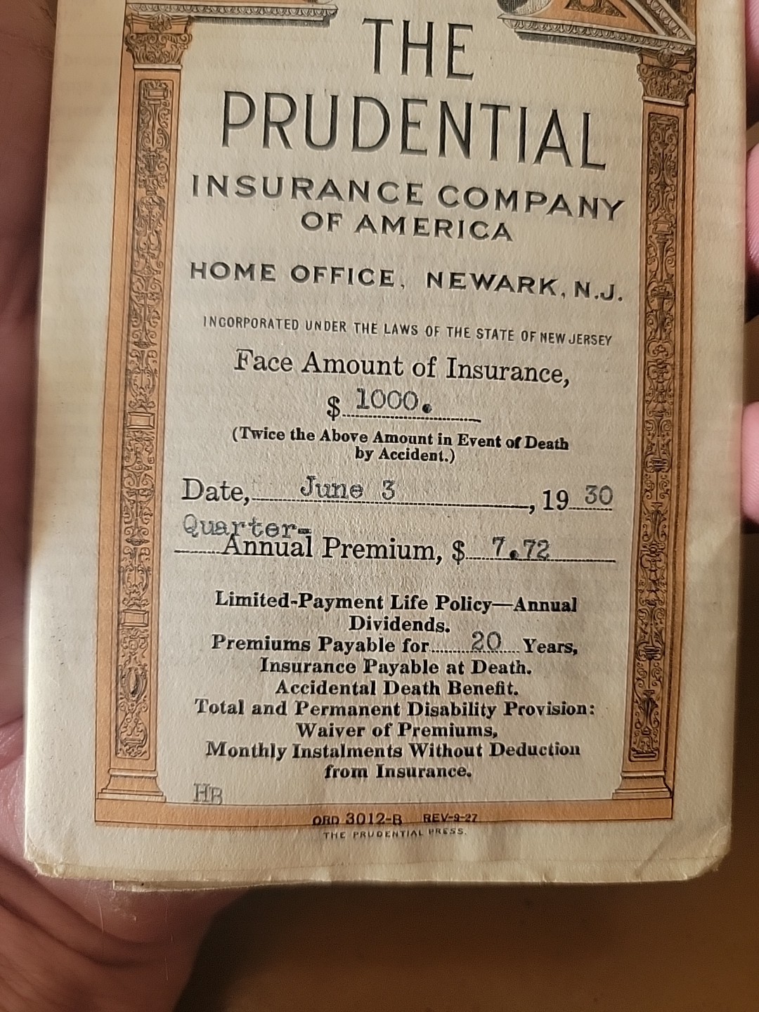 THE PRUDENTIAL INSURANCE CO. 1930 Policy Paper / 0526