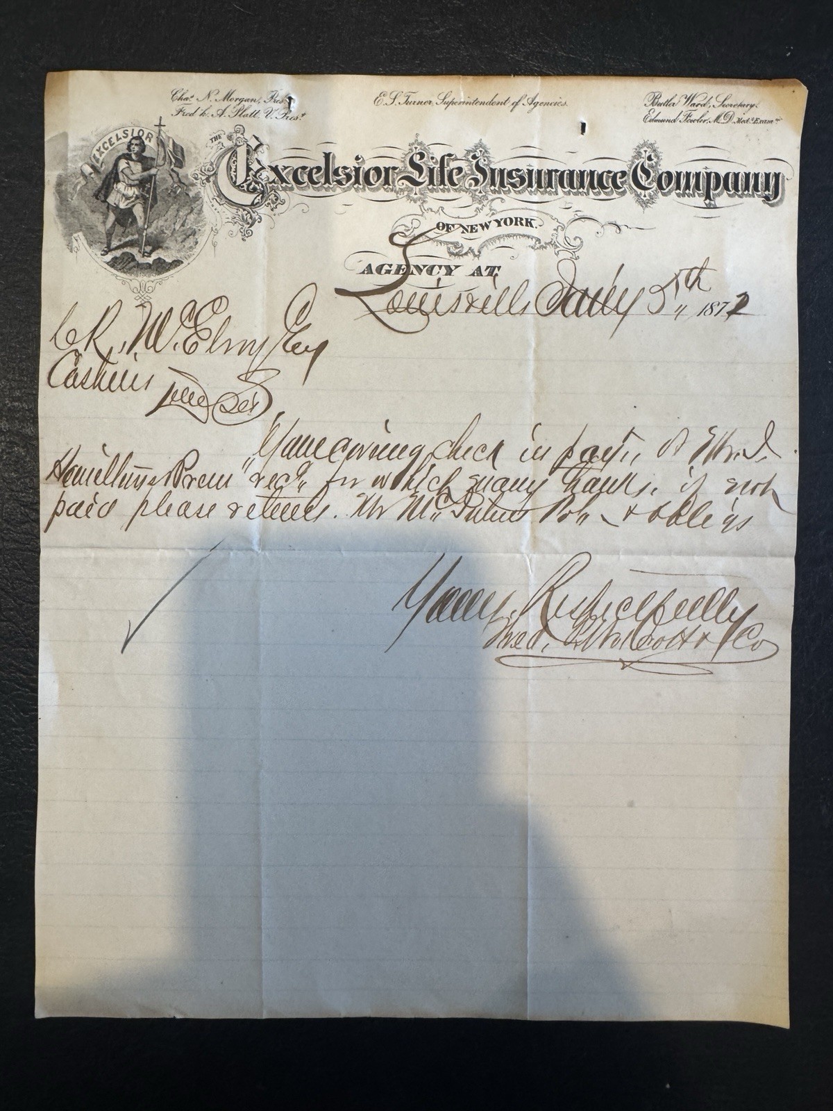 1872 Excelsior Life Insurance Co. Louisville KY Letterhead – Handwritten Receipt