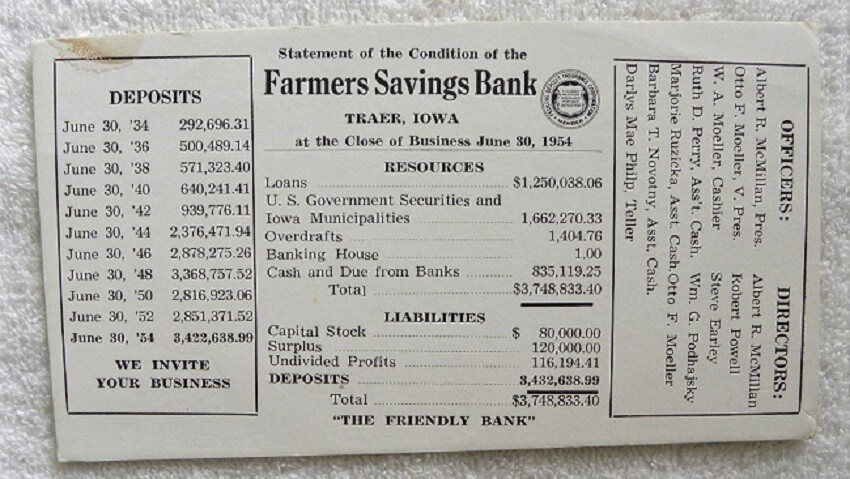 1954 Farmers Savings Bank,Traer, Iowa McMillan,Moeller,Powell,Earley Ink Blotter
