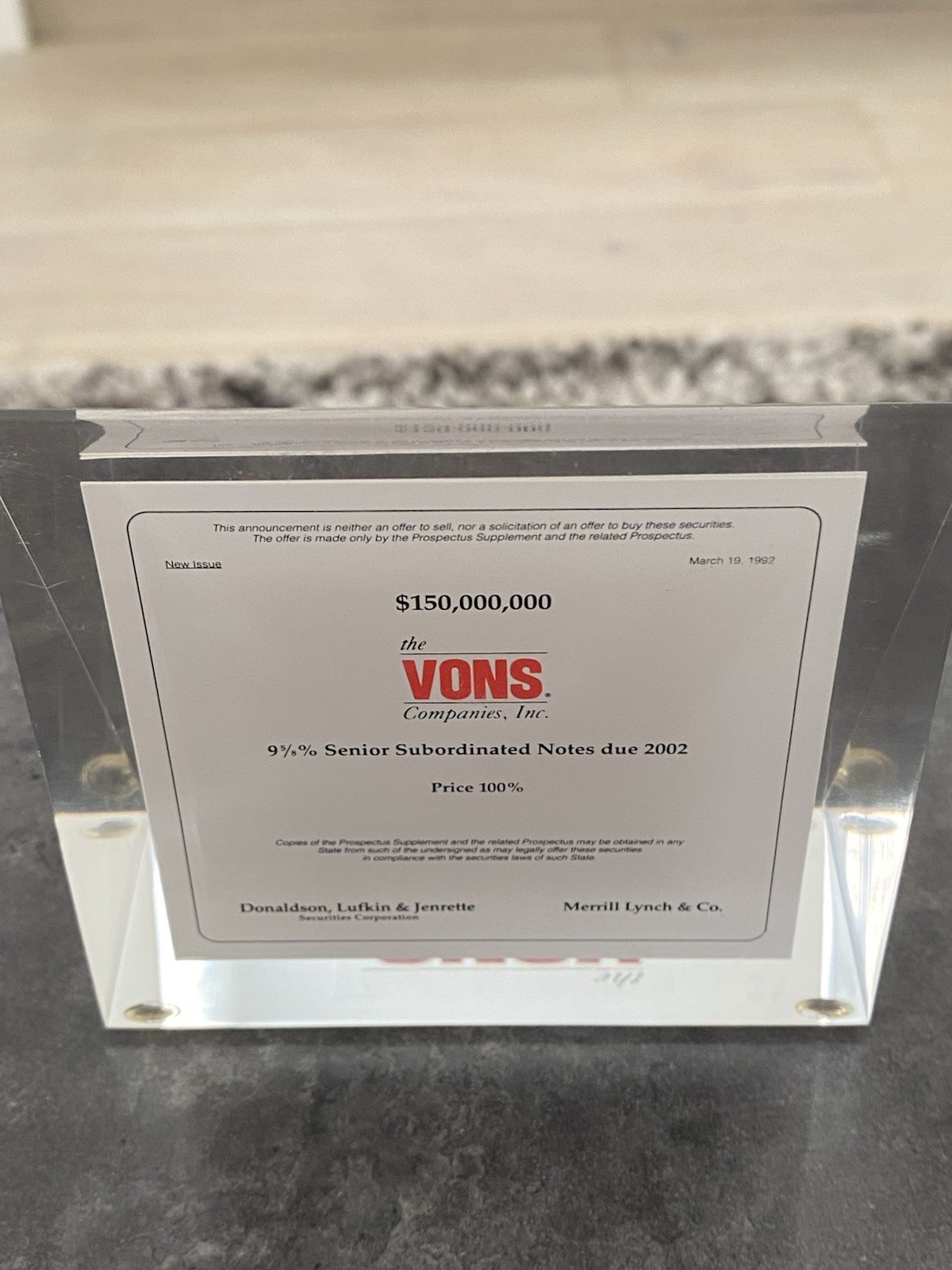 VONS lucite tombstone $150,000,000 Donaldson Lufkin Jenrette NYSE Merrill Lynch