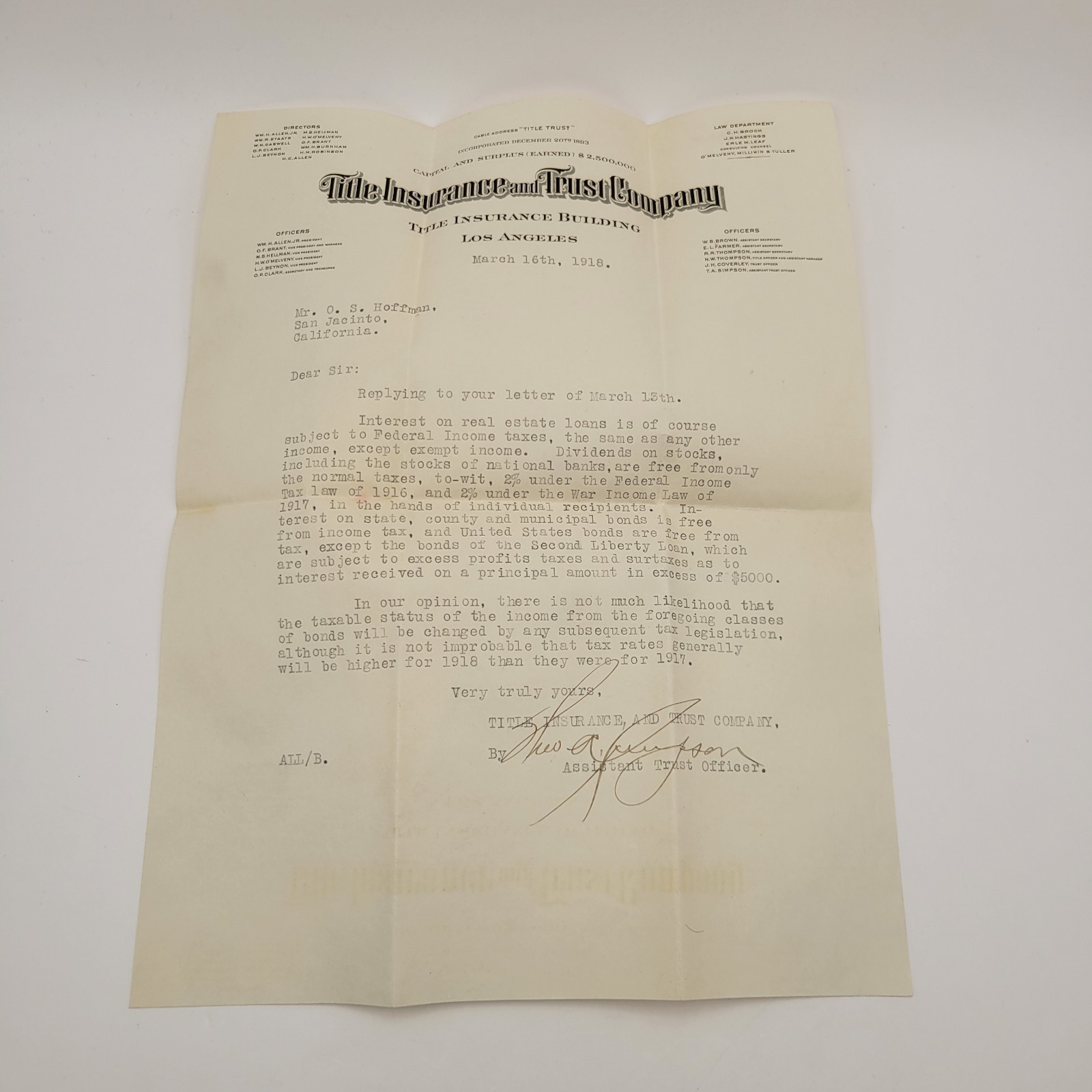 1918 Letter From Title Insurance and Trust Company Los Angeles Mentions WWI