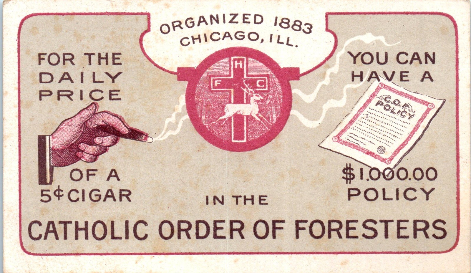 Catholic Order Foresters Business Card Life Insurance @ Price of Cigar Chicago