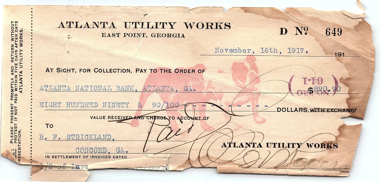 1917 ATLANTA UTILITY WORKS EAST POINT GA RF STRICKLAND BANKING CHECK DRAFT Z6258
