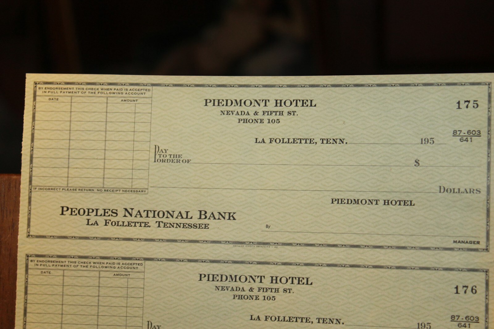 1950s Unused Check Sheet Piedmont Hotel LaFollette TN Peoples Bank Nevada 5th St