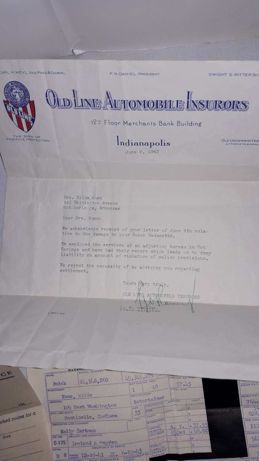 1940’s Lot of Automobile Policies, Correspondence & Related, Buick, Continental+