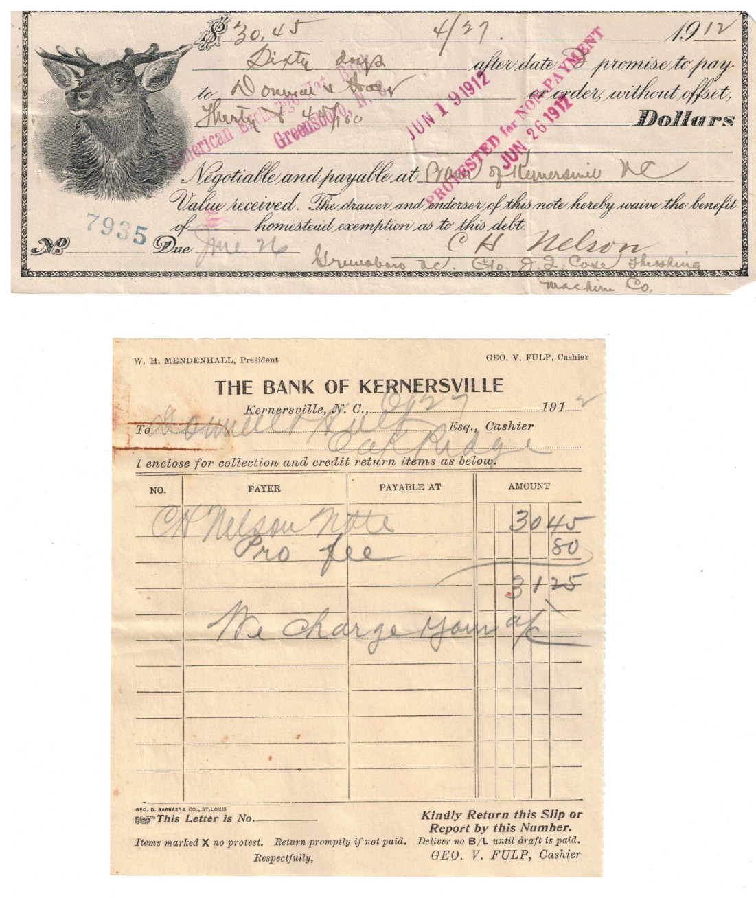 VTG 1912 BOUNCED PROMISSORY NOTE! THE BANK OF KERNERSVILLE, NC~JI CASE THRESHING