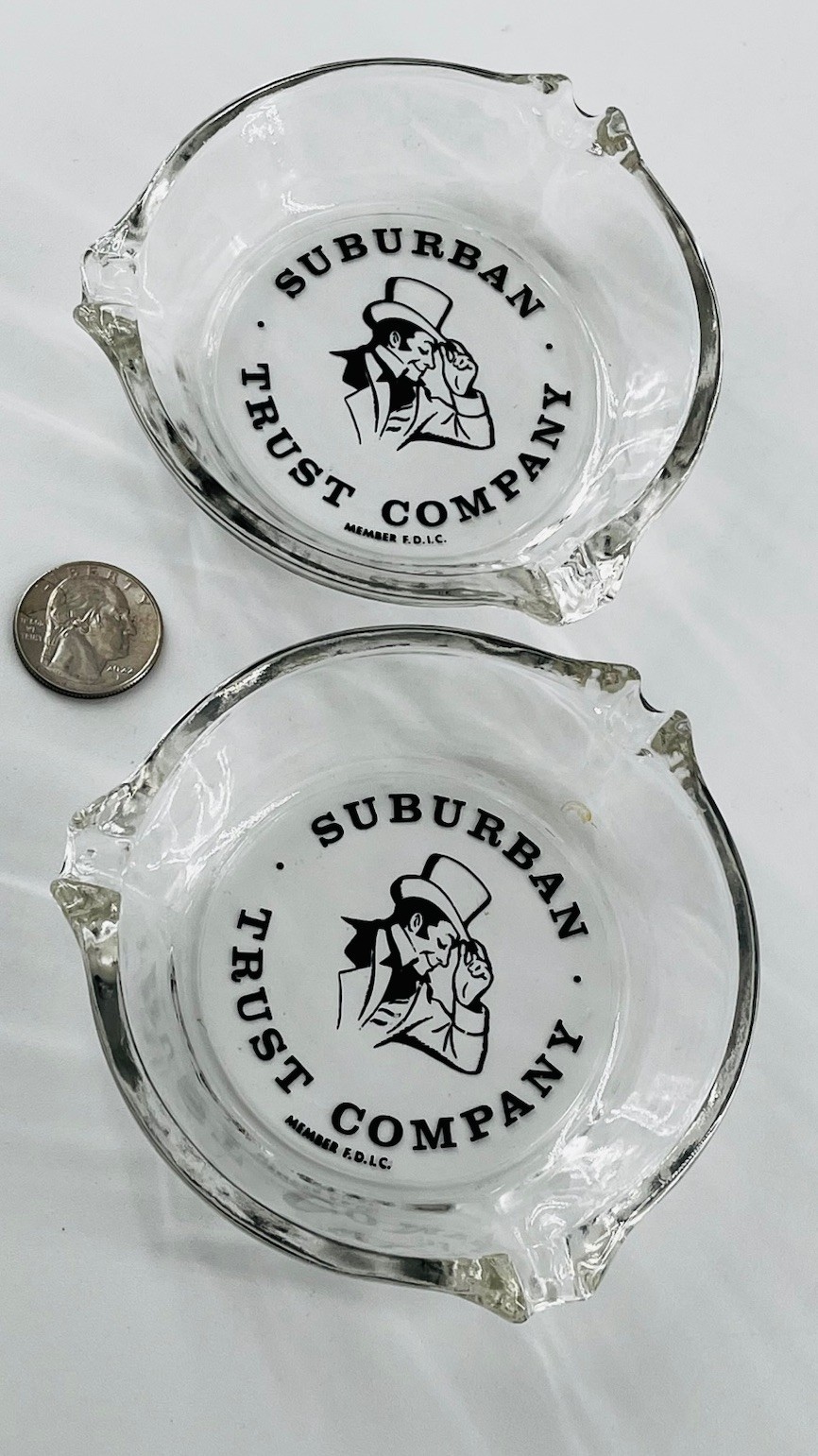 Vintage Suburban Trust Company Glass Ashtrays MD Bank Memorabilia Lot Of 2