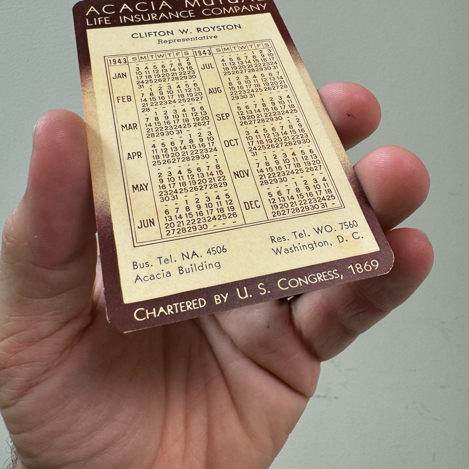 ACACIA MUTUAL Life Insurance Co Washington DC Advertising Pocket Calendar 1940s