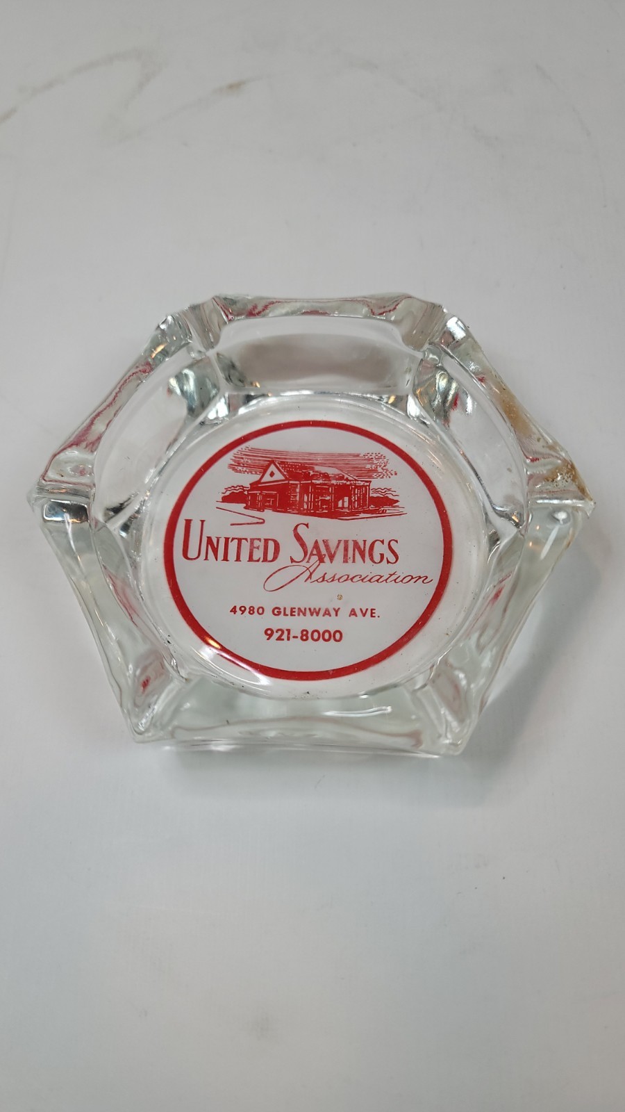 Vintage 4″ Glass Ashtray United Savings Association Octagon 70s