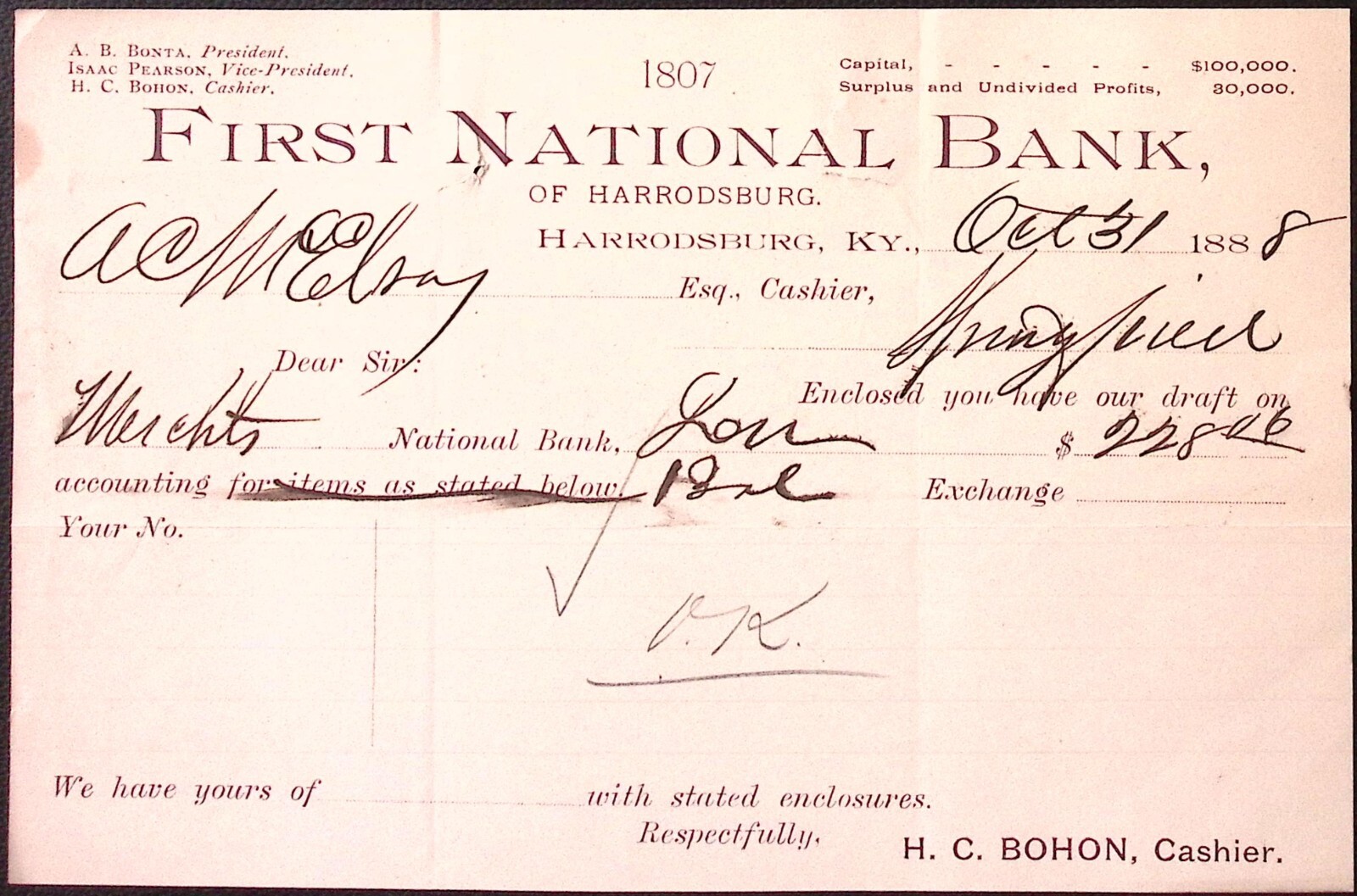 1888 First National Bank Harrodsburg KY Bohon Cashier Billhead