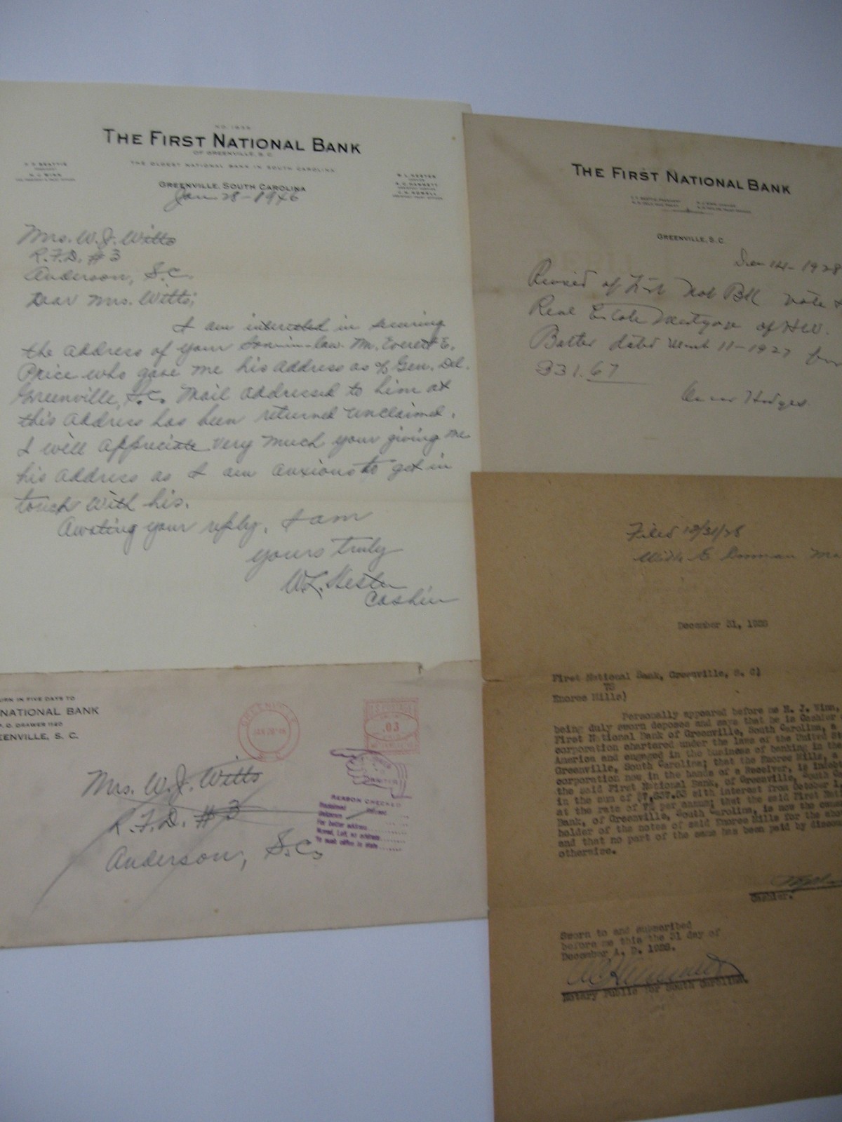 1928/1946 Signed Letters from Cashier 1st National Bank of Greenville, SC + Env