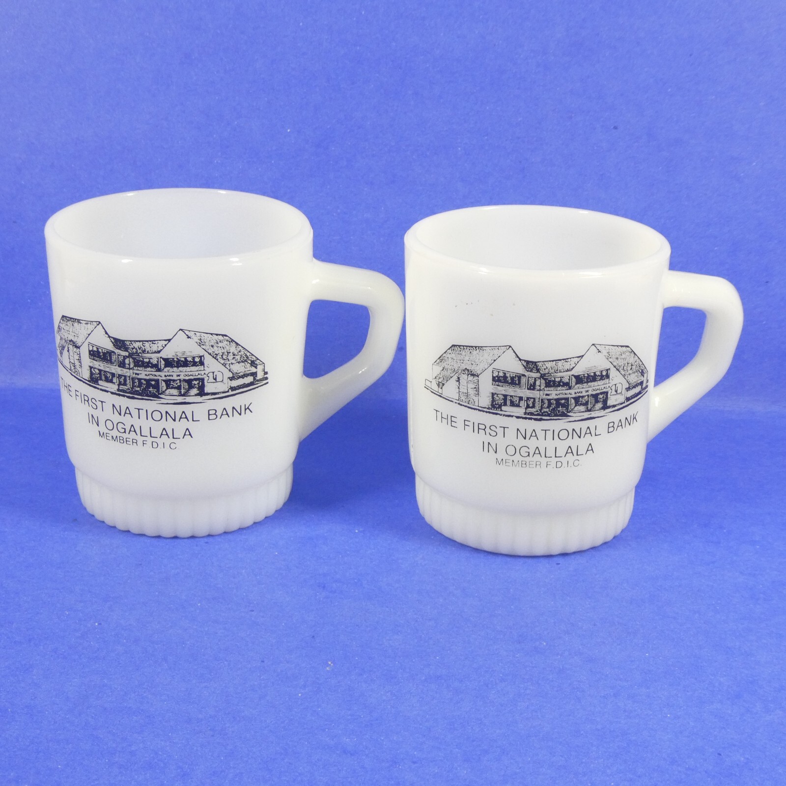 First National Bank in Ogallala NE 2 Milk Glass Mugs Vintage Fire King MCM