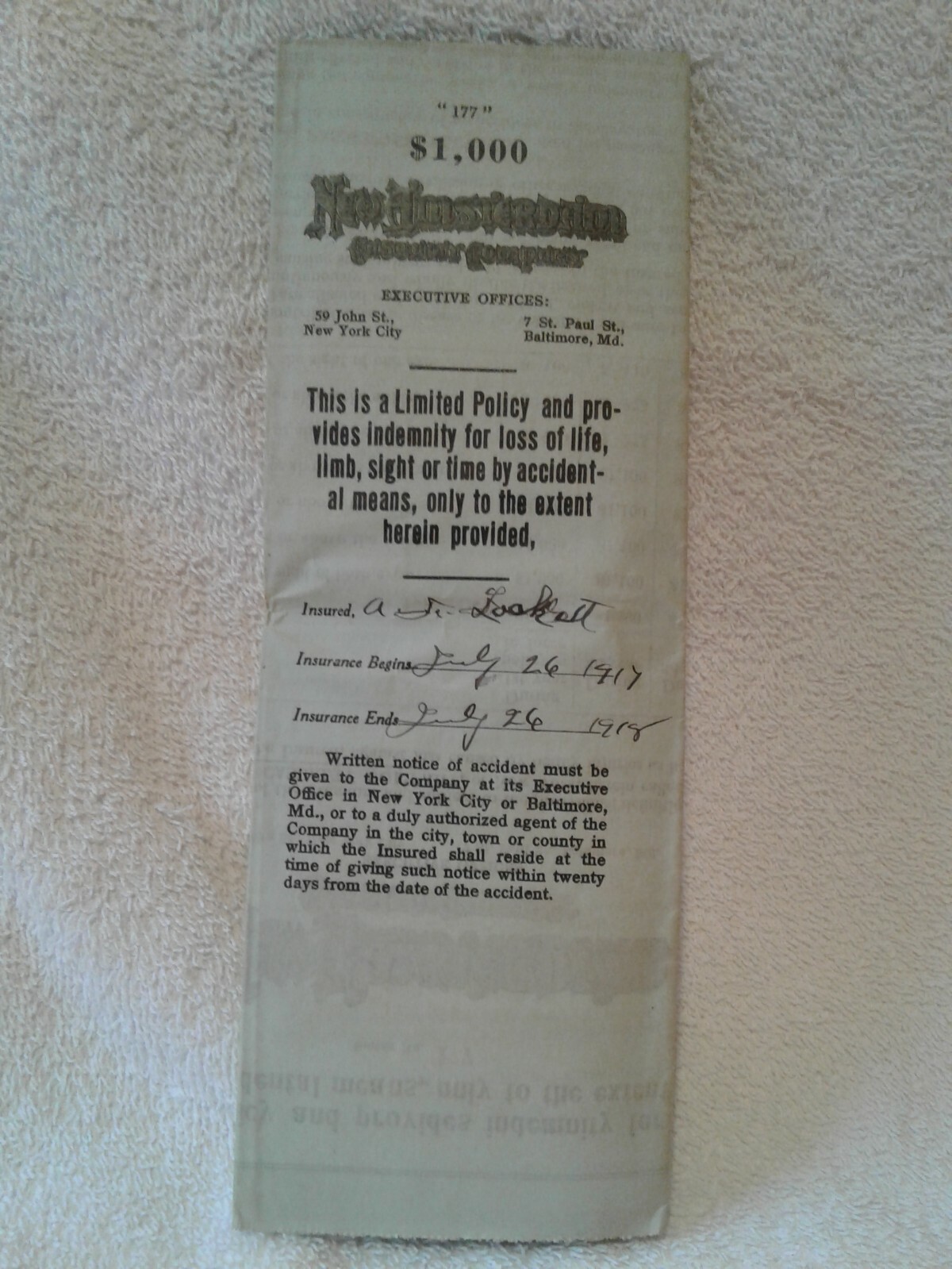 1917-18 NEW AMSTERDAM CASUALTY COMPANY accidental insurance policy TN $1,000 177