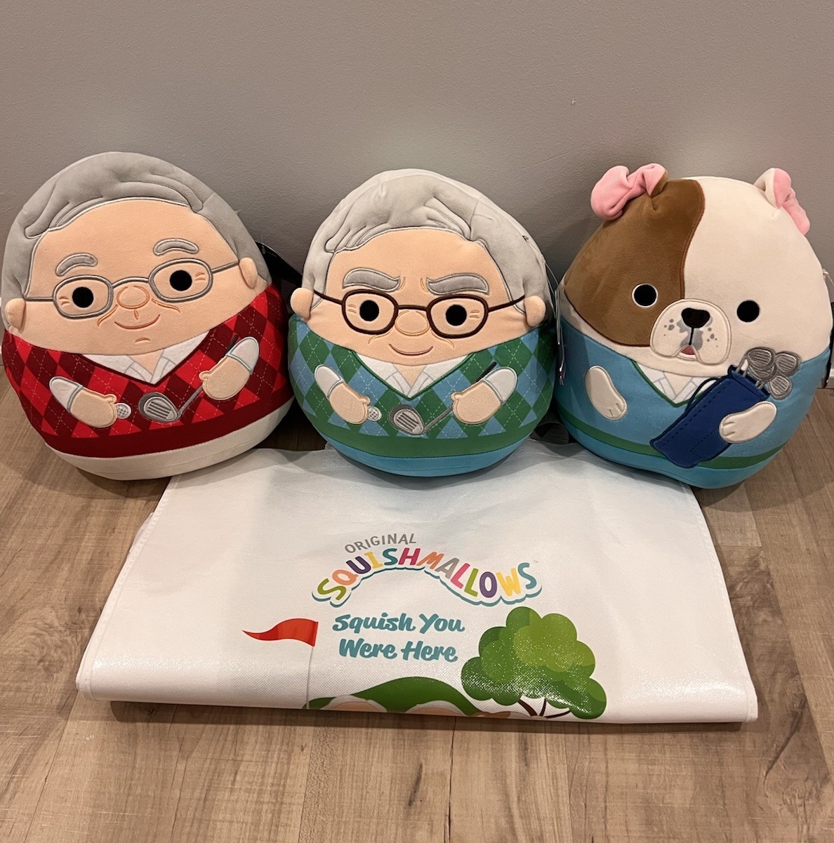 Warren Buffett Charlie Munger &Dog Squishmallow 12” 2025 Berkshire Hathaway Bag