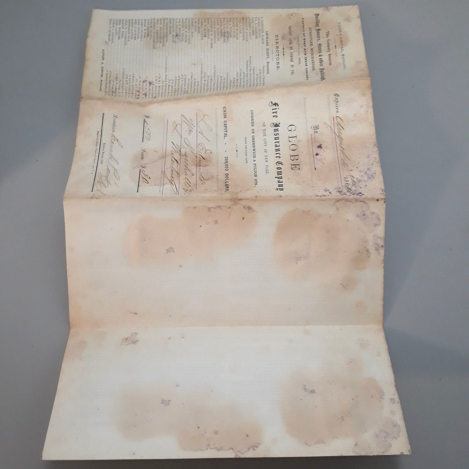 1863 Globe Fire Insurance Company Stock Policy NYC Cor. Greenwich & Fulton Sts