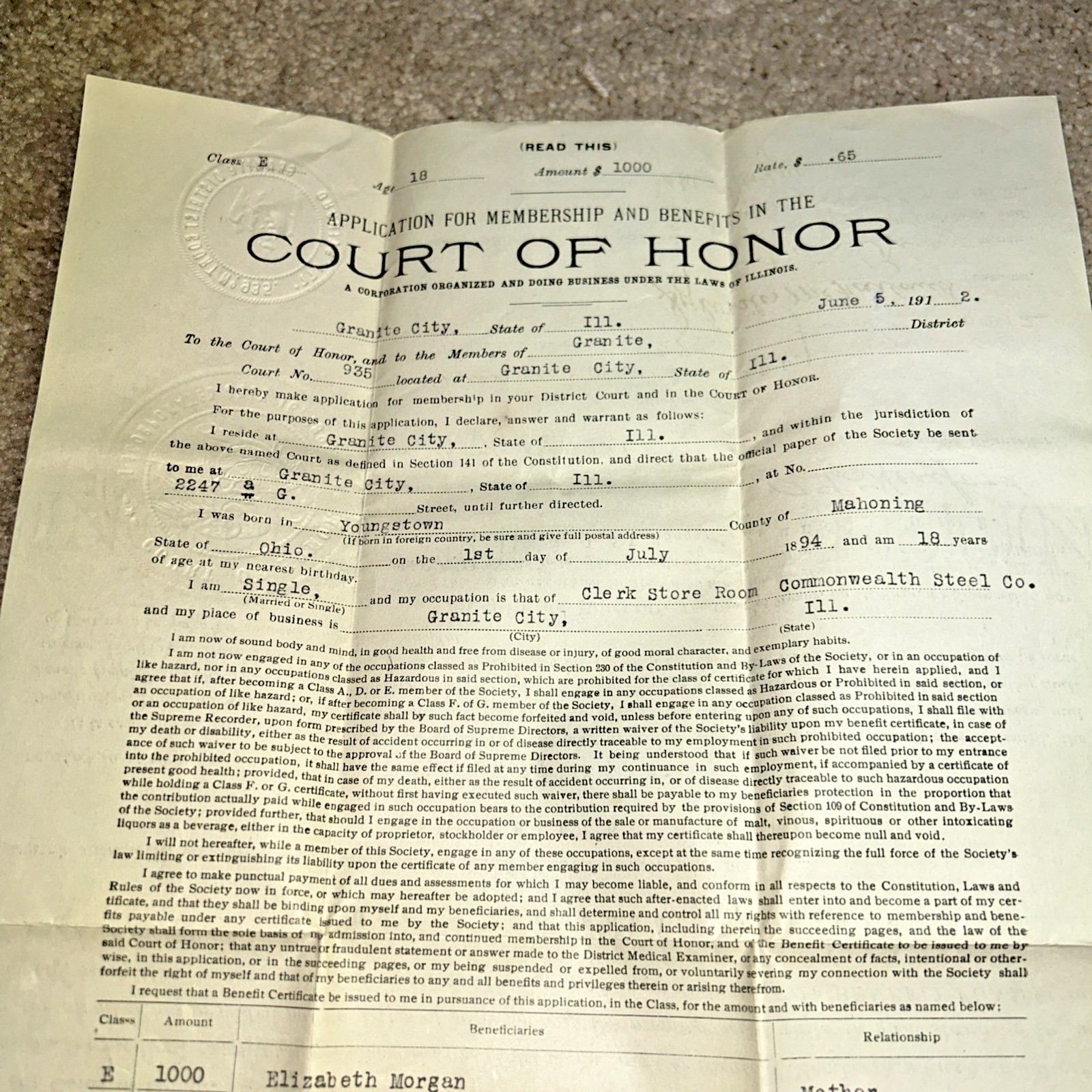 1912 COURT OF HONOR State of Illinois MEMBERSHIP CERTIFICATE – Granite City IL