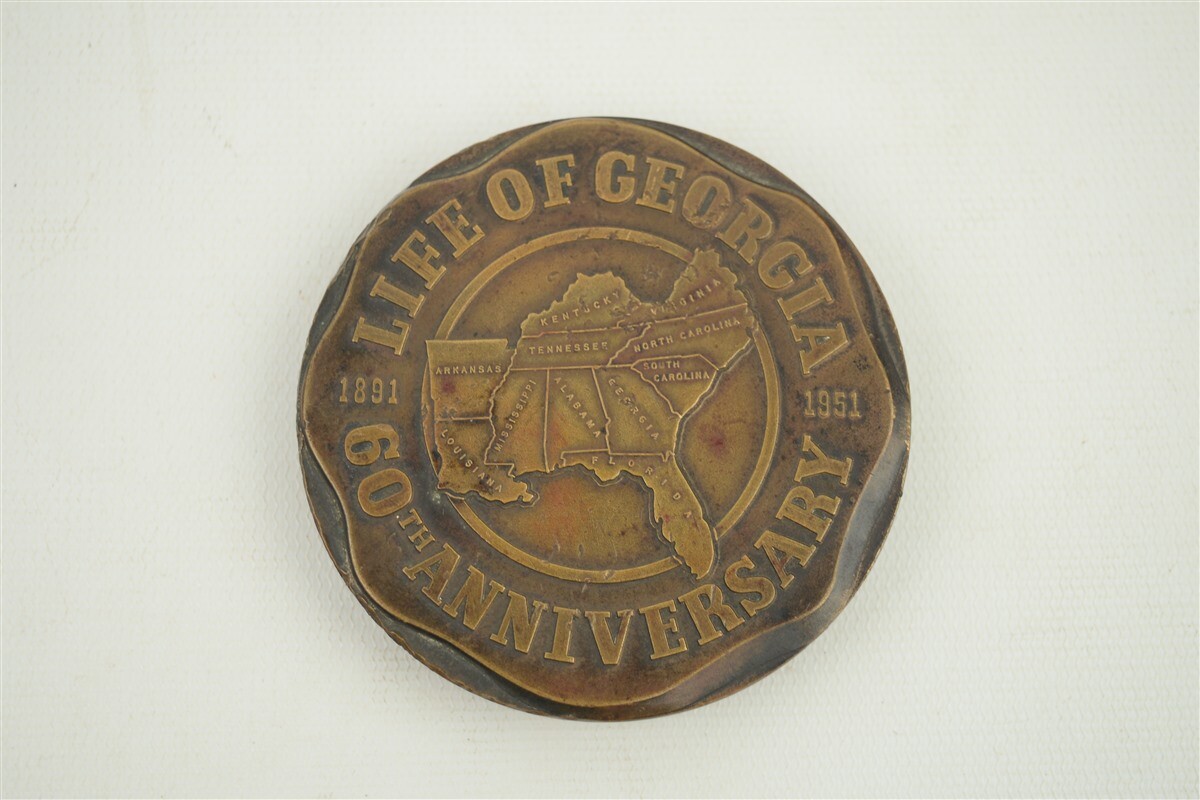 Vintage 1951 Life Of Georgia Insurance Bronze Paperweight 3″ Whitehead Hoag