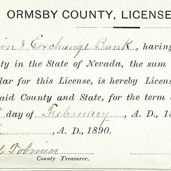 Vintage 1890 Ormsby County Banking License Bullion & Exchange Bank – Mining Doc.