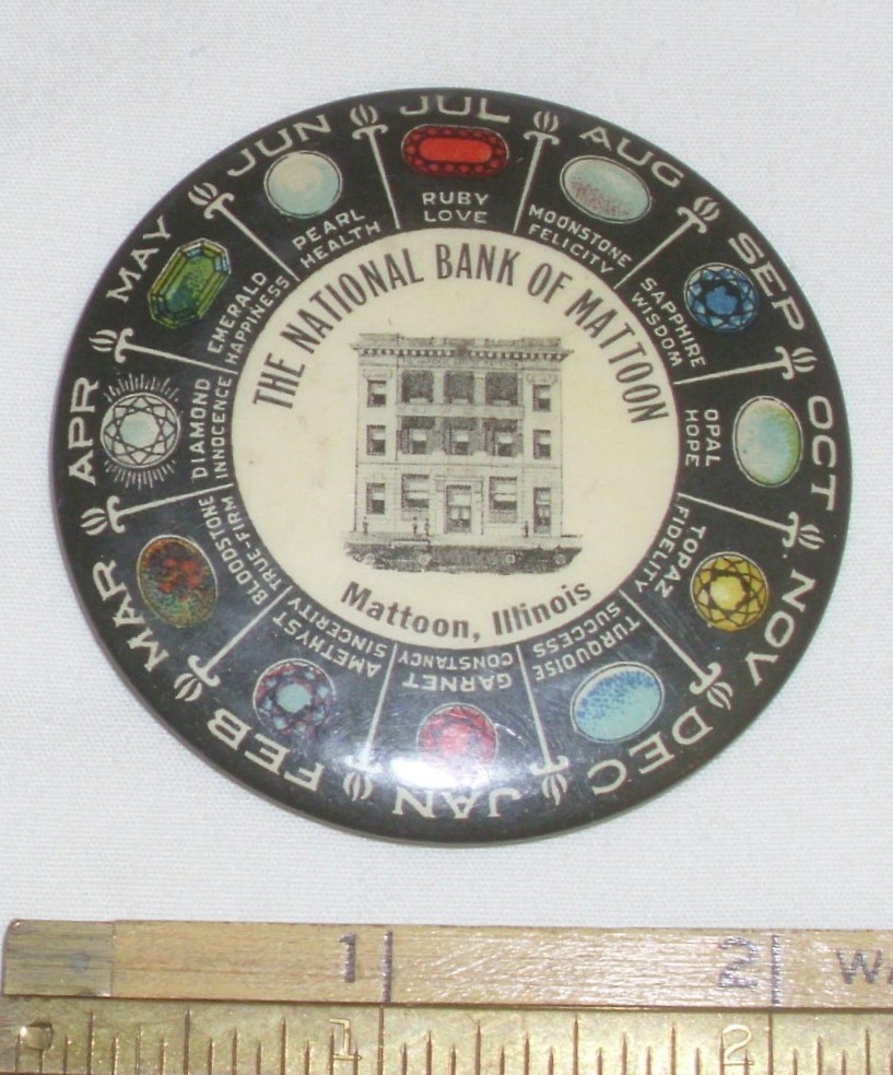 THE NATIONAL BANK OF MATTOON, IL BIRTHSTONE POCKET MIRROR ADVERTISING 1900s