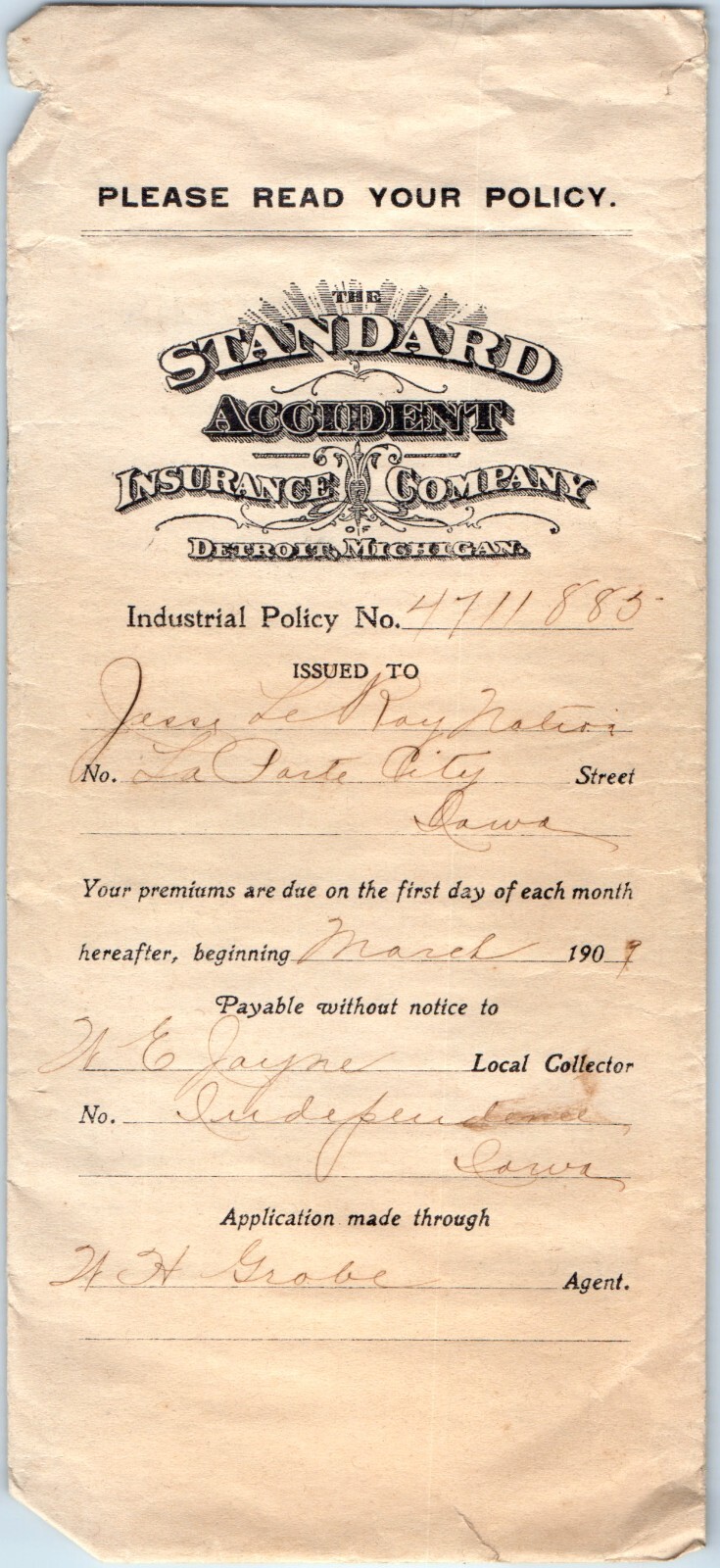 1909 Detroit Standard Accident Insurance Industrial Policy La Porte City Farm 5Q