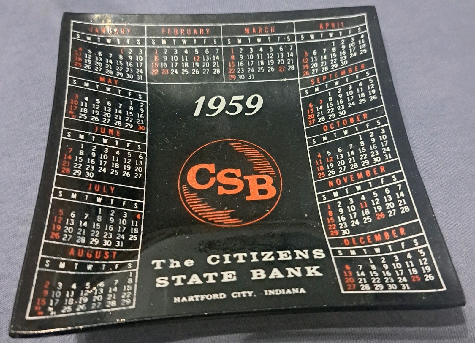 Vintage 1959 Glass Calendar Dish Citizens State Bank Hartford City Indiana