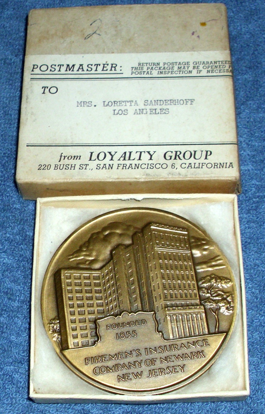 Firemen’s Insurance Co. of Newark NJ Medallic Art Co 100th Anniversary Medallion