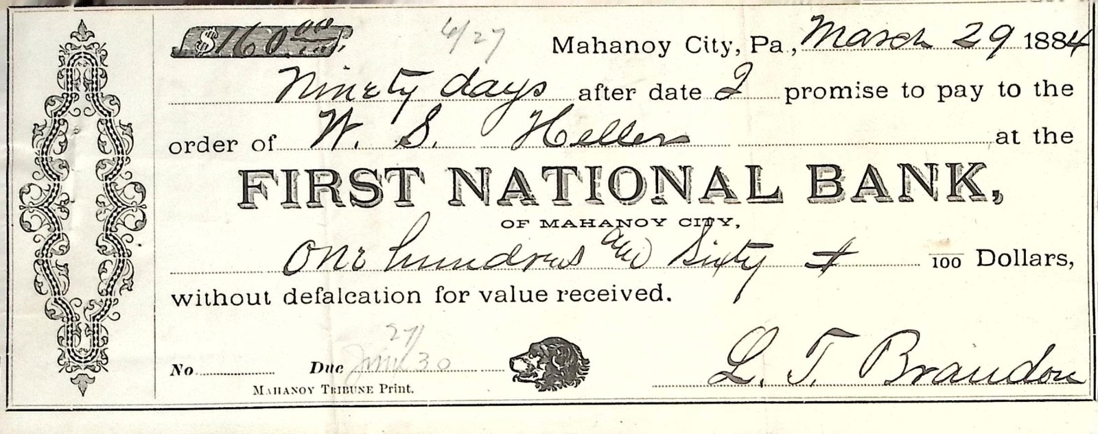 1884 First National Bank Mahanoy City PA Promissory Note Pottsville Stamp