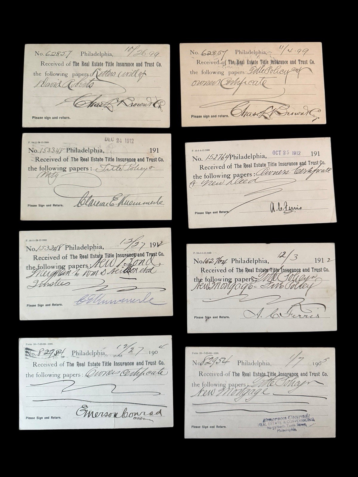 Real Estate Title Insurance & Trust Early 1900’s Cards Notes Receipt Lot (G)