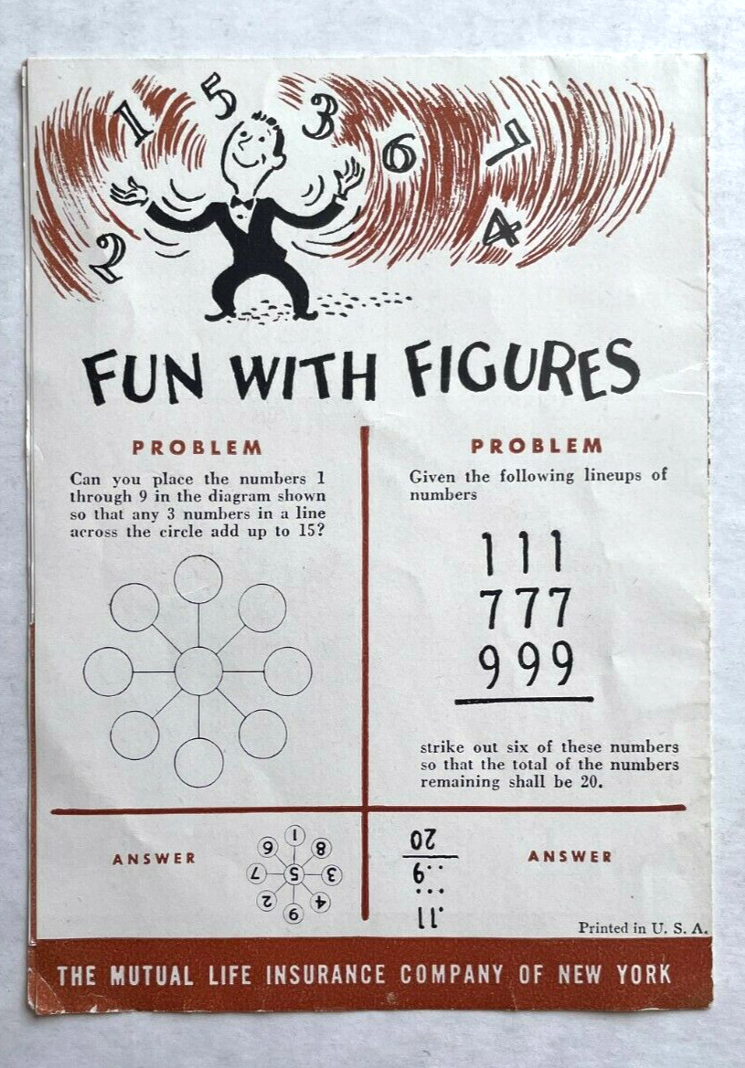 1947 Mutual Life Insurance Company of New York Information Mailer w/ Games, Info