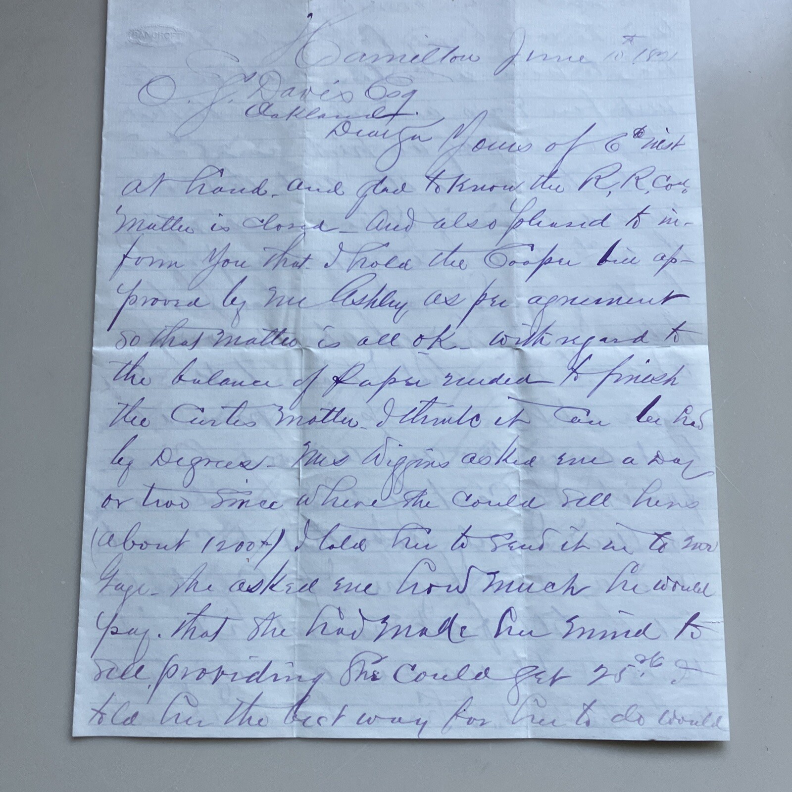 Hamilton Nevada Letter Of 1871